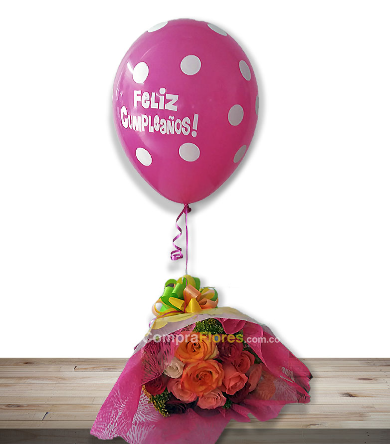 Ramillete x 12 rosas surtidas y globo en helio